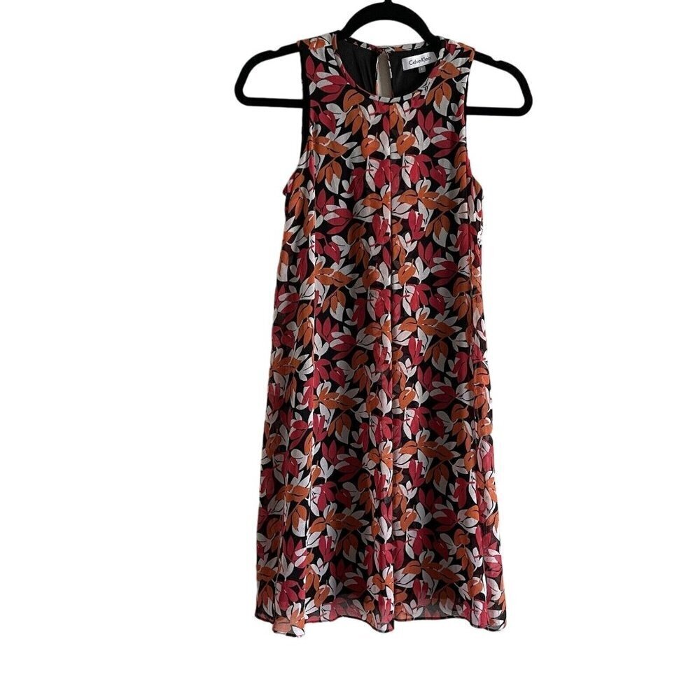 Calvin Klein Women SZ 2 Black/Red/White Botanical Sleeveless Lined Shift Dress